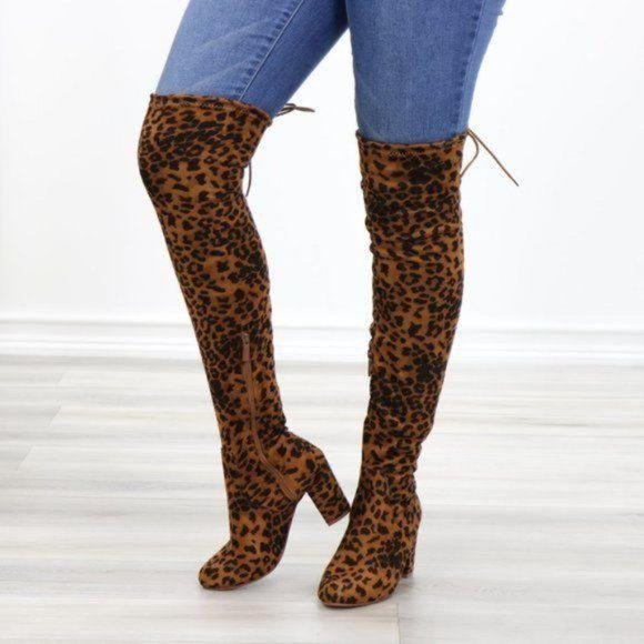Suede Leopard Thigh High Heeled Boots - Picture 5 of 13